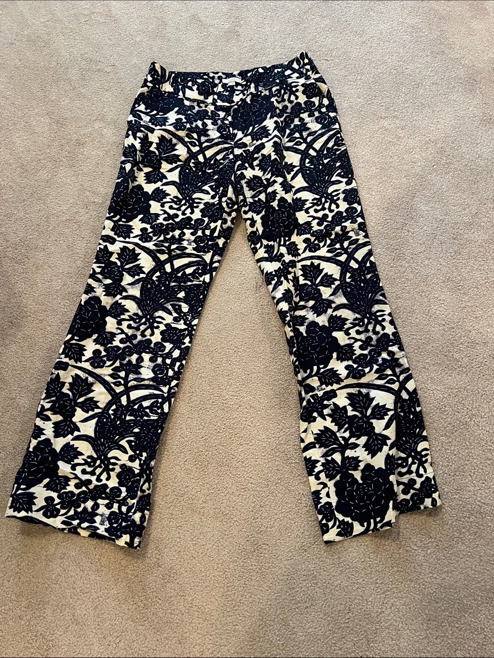 LOFT Navy and Cream Floral Straight Leg linen blend Pants